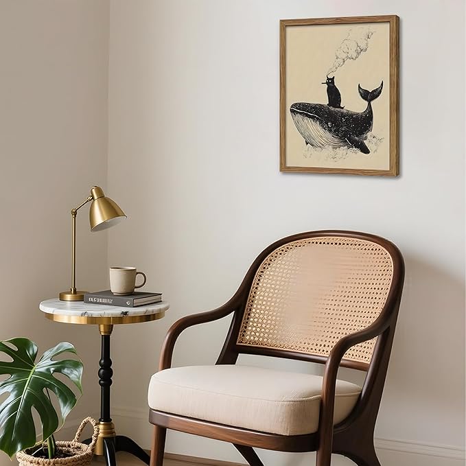 Framed Cat Wall Art, Funny Black Cat Riding a Whale Canvas, Vintage Abstract Oil Painting, Country Home Room Wall Decor, Humorous Pictures Artwork Prints for Living Room Bedroom – 8x10 inch