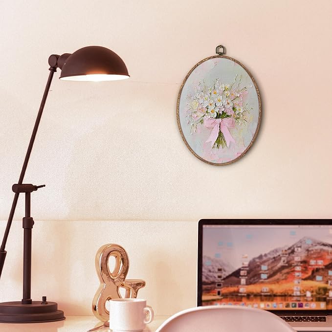 Vintage Pink Bow Floral Bouquet Oval Wall Art Framed, White Floral Oval Wall Decor, Vintage Flower Hanging Canvas Prints Wall Sculptures for Bedroom Living Room Decor, 8.5x11.5 Inch