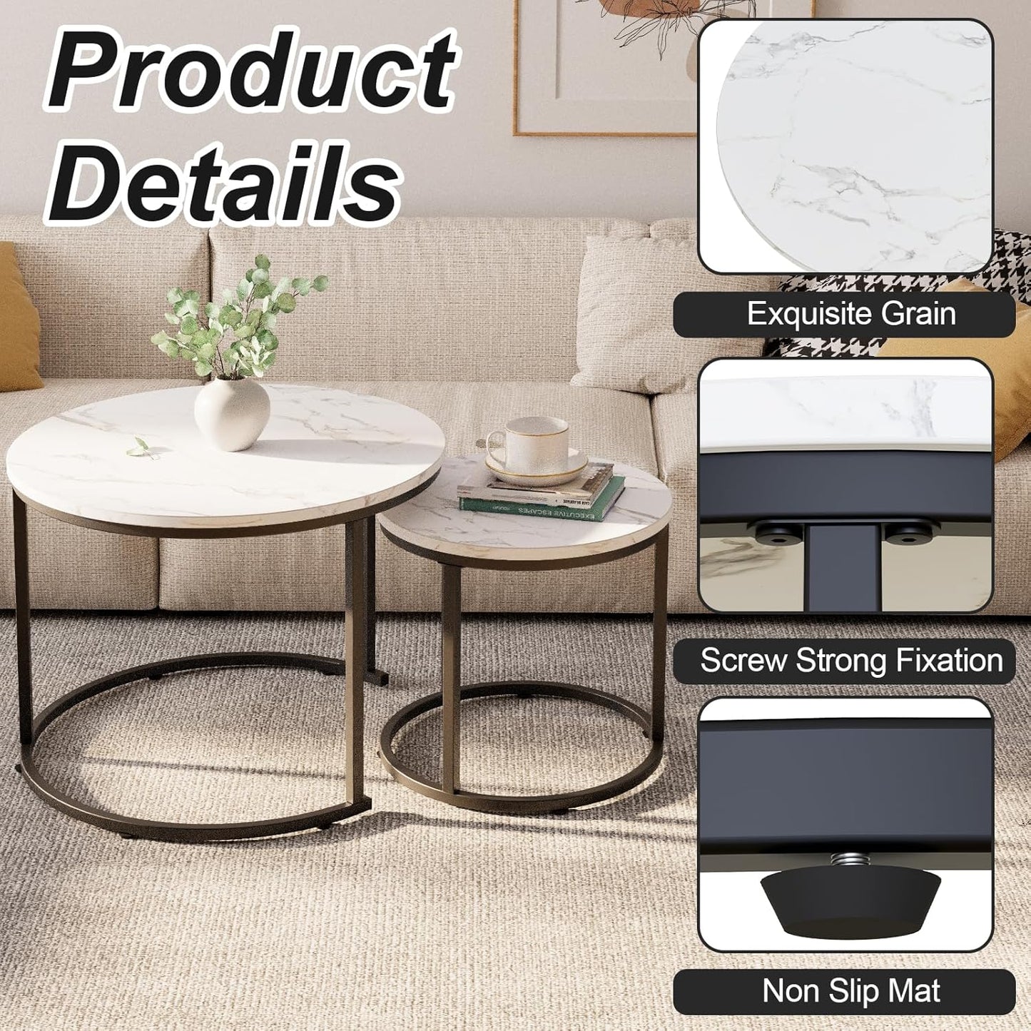 aboxoo Round Nesting Coffee Table Side Table Set of 2 End Tables for Living Room Bedroom Balcony, White Faux Marble Wooden Table Accent Coffee Table with Black Steel Frame