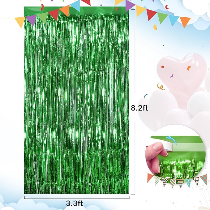Green Fringe Curtain Party Streamers 2Pack 3.3 x 8.3 Ft Foil Fringe Backdrop Curtains for Birthday Wedding Bridal Baby Shower Holiday Tinsel Streamers Green Party Christmas Decorations Door Streamers