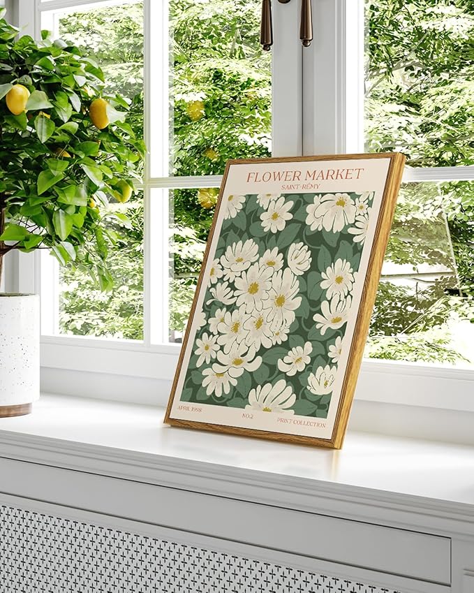 Vintage Framed Daisy Flower Market Wall Art 12x16, Boho Green Botanical Canvas Print White Floral Bedroom Living Room Artwork, Retro Aesthetic Modern Rustic Minimalist Gallery Wall Decor
