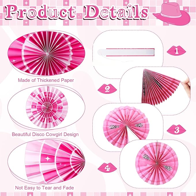 Outus 9 Pcs Disco Cowgirl Party Decorations Paper Fans Western Cowgirl Birthday Decorations Pink Disco Cow Girl Boot Hat Hanging Ceiling Decor for Last Rodeo Cow Girls Bachelorette Party Supplies