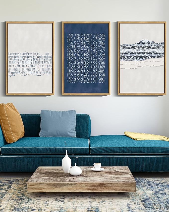 Drsoum Blue Abstract Boho Framed Wall Art Large 16x24in Minimalist Mid-Century Modern Wall Decor Geometric Artwork Kitchen Dining Room Natural Framed