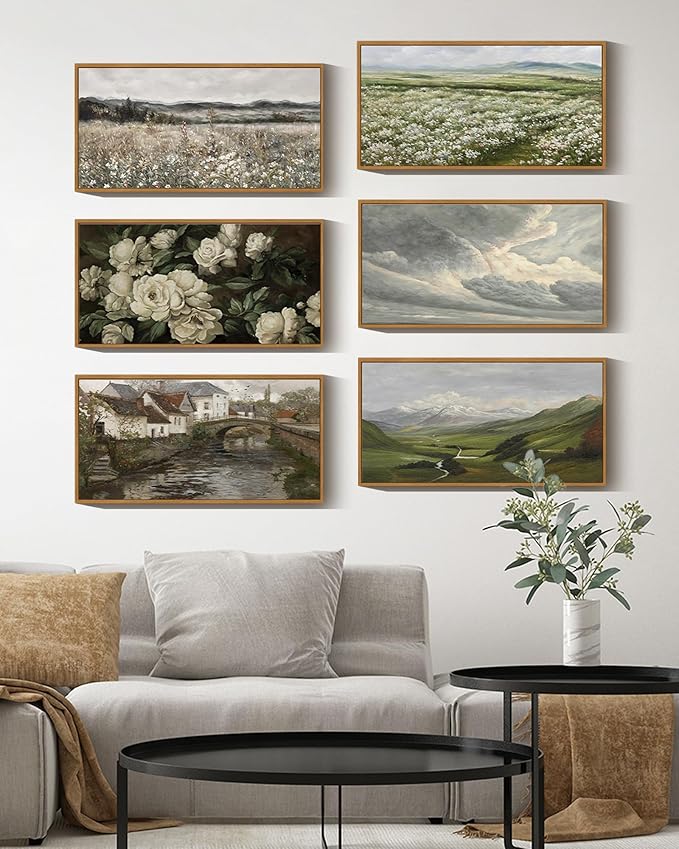 SHENIFY Vintage Framed Wall Art Mountain Range Valley River Landscape Painting Retro Meadow Scenery Farmhouse Kitchen Living Room Decor - 8x16in Natural Framed