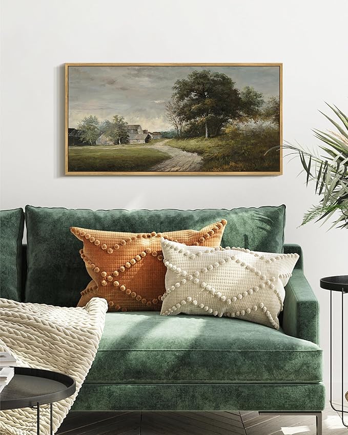 SHENIFY Vintage Landscape Framed Wall Art Rustic Cottage Countryside Farmhouse Decor Retro Painting for Kitchen Bedroom Living Room Bathroom - 8x16in Natural Framed