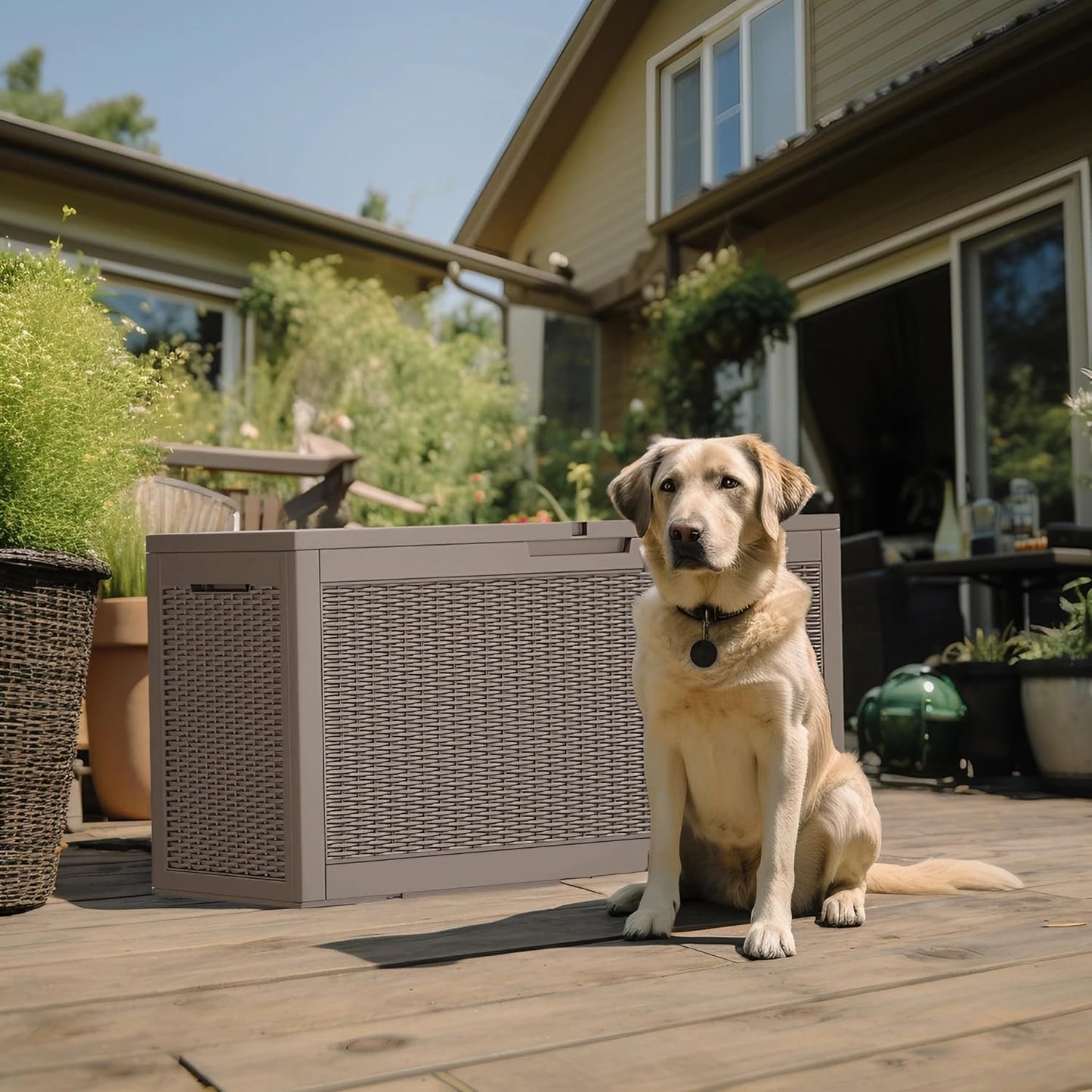 DRATO 260 Gallon Deck Box, Outdoor Large Waterproof Resin Storage Box with Lockable Lid for Patio Cushions, Gardening Tools, Sports Equipment, Light Brown