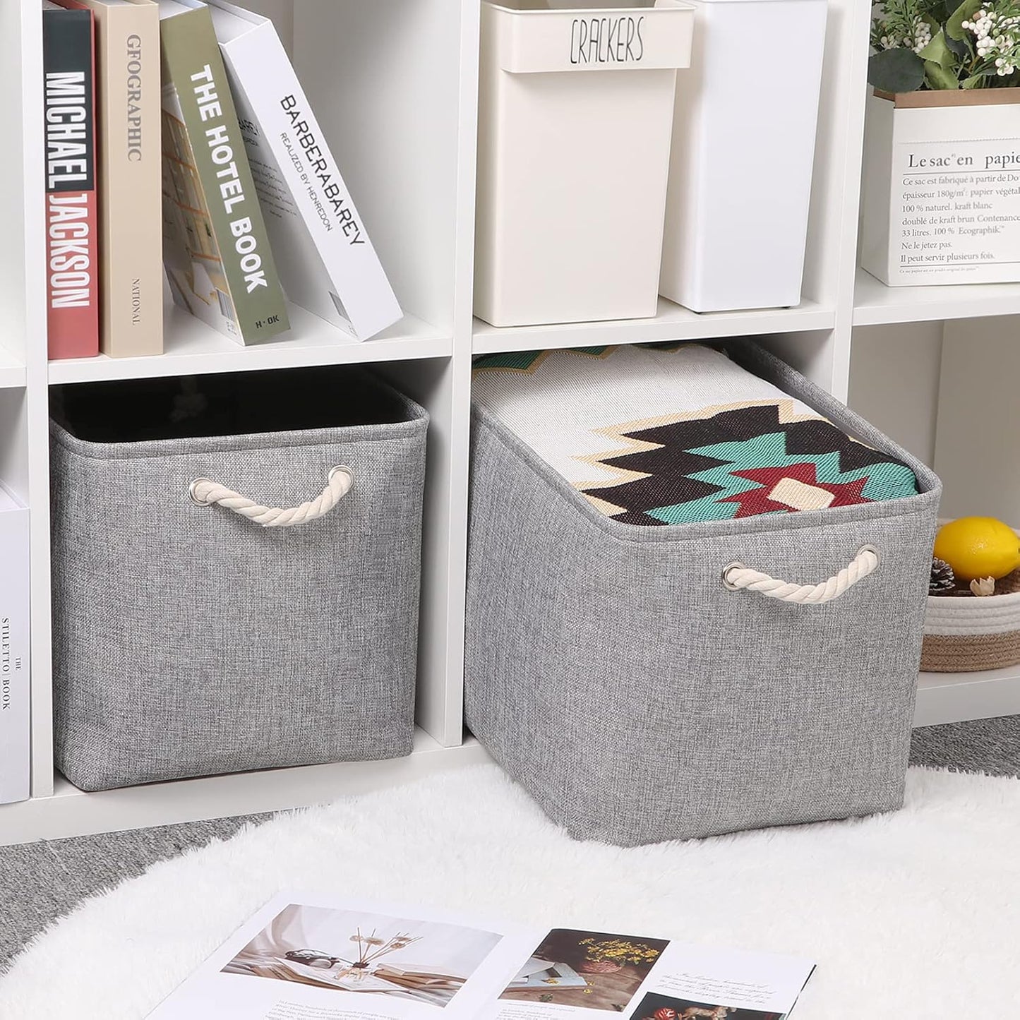 Bidtakay Grey Baskets [2-Pack] Shelf Baskets for Storage 16" X 11.8" X 11.8" Large Fabric Rectangular Decorative Storage Basket Organization Bins for Shelves Closet Home Organization(Grey)