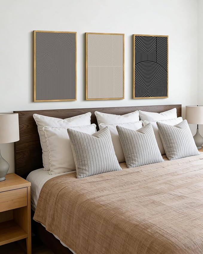 Drsoum Minimalist Abstract Wall Art Framed Modern Boho Neutral Line Wall Decor Mid Century Geometric Artwork Bedroom Living Room 16x24in Natural Framed