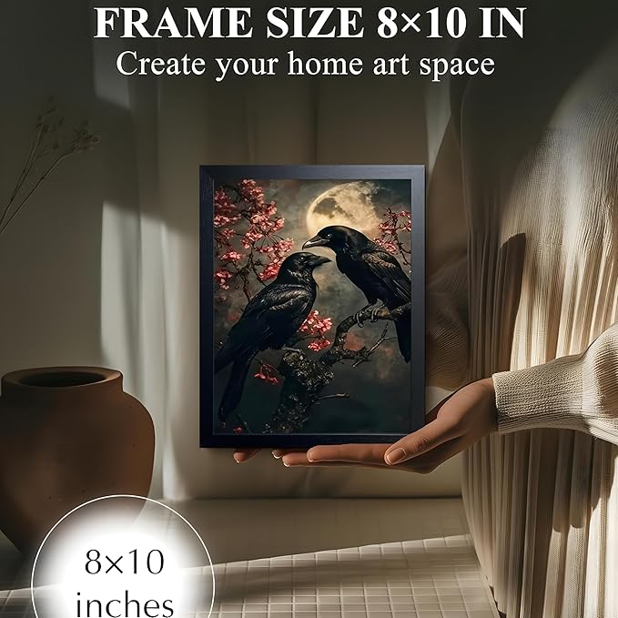 Vintage Framed Wall Art, Forest Gothic Decor, Dark Academia Celestial Moon Canvas Prints, Black Crow Cherry Blossom Painting Wall Decor for Living Room Bedroom – Black Wooden Frame 8x10 Inch