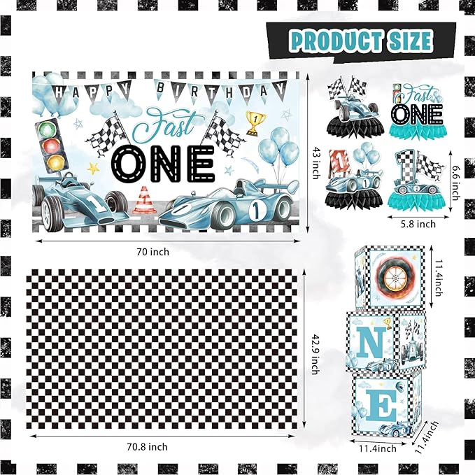Mpanwen Fast One Birthday Decorations for Boys, 143Pcs Race Car Racing 1st Party Decor Supplies for Baby - Banner, Cake Toppers, Balloons, Tablecloth, Centerpieces, Crown, Poster, Boxes, Wall Signs