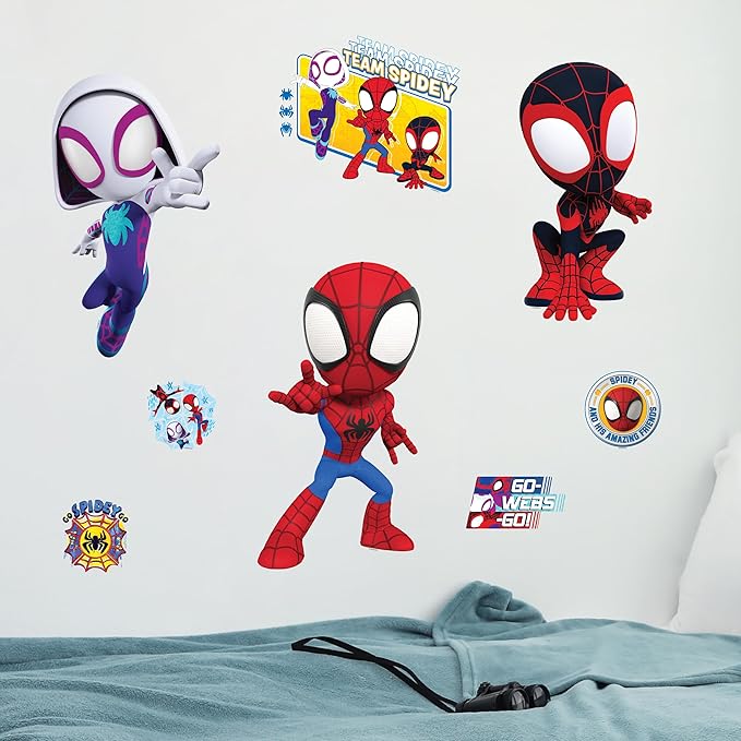 Marvel Spidey and His Amazing Friends Team Wall Decal - 11"-13" Spidey Spin Ghost Spider Vinyl Stickers for Bedroom Bathroom Decor - Peel and Stick Room Decorations