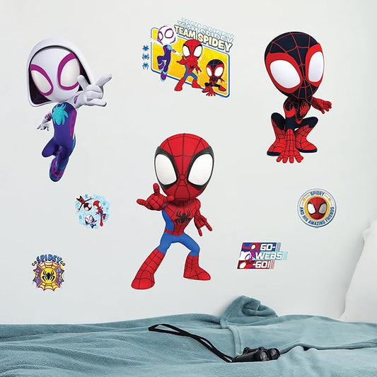 Marvel Spidey and His Amazing Friends Team Wall Decal - 11"-13" Spidey Spin Ghost Spider Vinyl Stickers for Bedroom Bathroom Decor - Peel and Stick Room Decorations