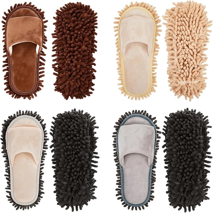 Jecery 4 Pair Washable Microfiber Mop Slippers Detachable Dusting Shoes for Floor Cleaning, Office & Home Use Suitable for Women & Men(Blue, Brown, Beige, White,L Size)
