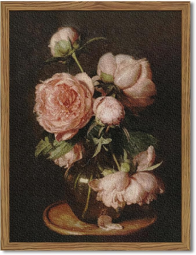 Framed Vintage Floral Wall Art - 3D Textured Classical Flower Wall Decor Paintings, Hand Drawn Sandstone Aesthetic Pictures Prints for Bedroom Living Room Bathroom Office 12x16 inch