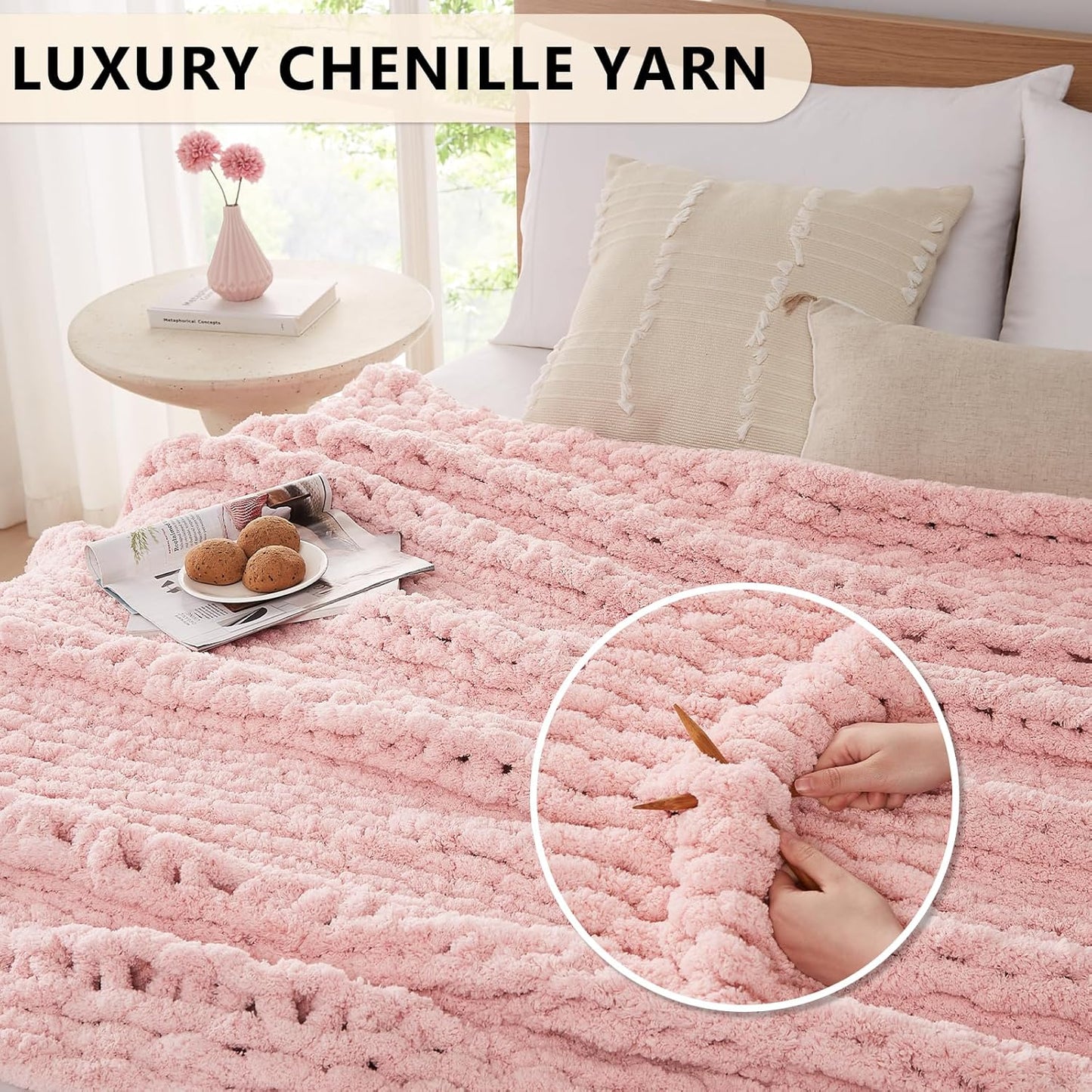 L'AGRATY Chunky Knit Blanket Throw - Soft Chenille Yarn Throw Blanket 50x60: Handmade Thick Cable Knit Crochet Blanket - Large Knit Blanket Chunky Rope Knot Throw Blanket for Couch Sofa Bed Home Decor