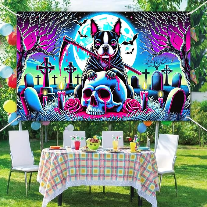 Halloween Banner Dog Skull Backdrop Trick or Treat Decor Scary Halloween Decoration Creepy Graveyard Wall Hanging for Outdoor Indoor Party