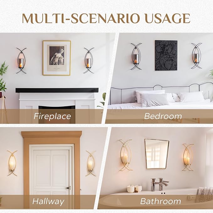Candle Sconces Wall Decor Set of 2: Wall Hurricane Candle Holder Modern Metal Wall Mounted Gold Sconces Decorations for Living Room Bedroom Bathroom Hallway Outdoor