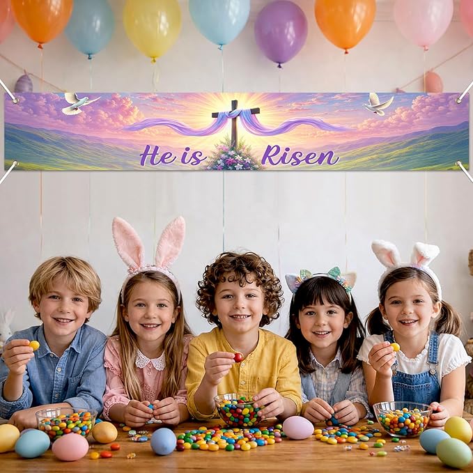 He Is Risen Easter Banner Christian Resurrection Spring Decor 118×20 inch Religious Cross Sunrise Scene Banner for Church Yard Fence Door Wall Indoor Outdoor Easter Display