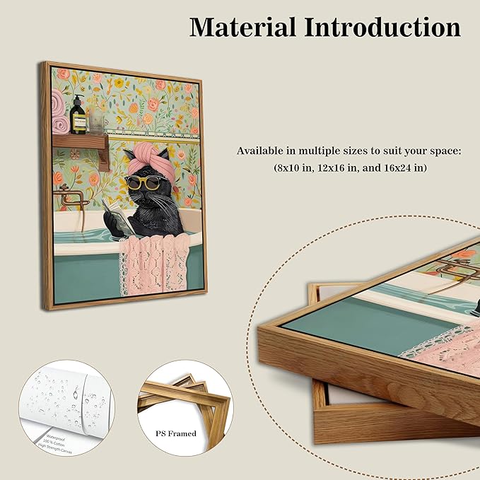 Floating Framed Bathroom Cat Canvas Wall Art, Funny Black Cat Reading Wall Decor, Cute Animal Prints Pictures Posters for Living Room Bedroom Toilet Kids Room Paintings 12x16 inch