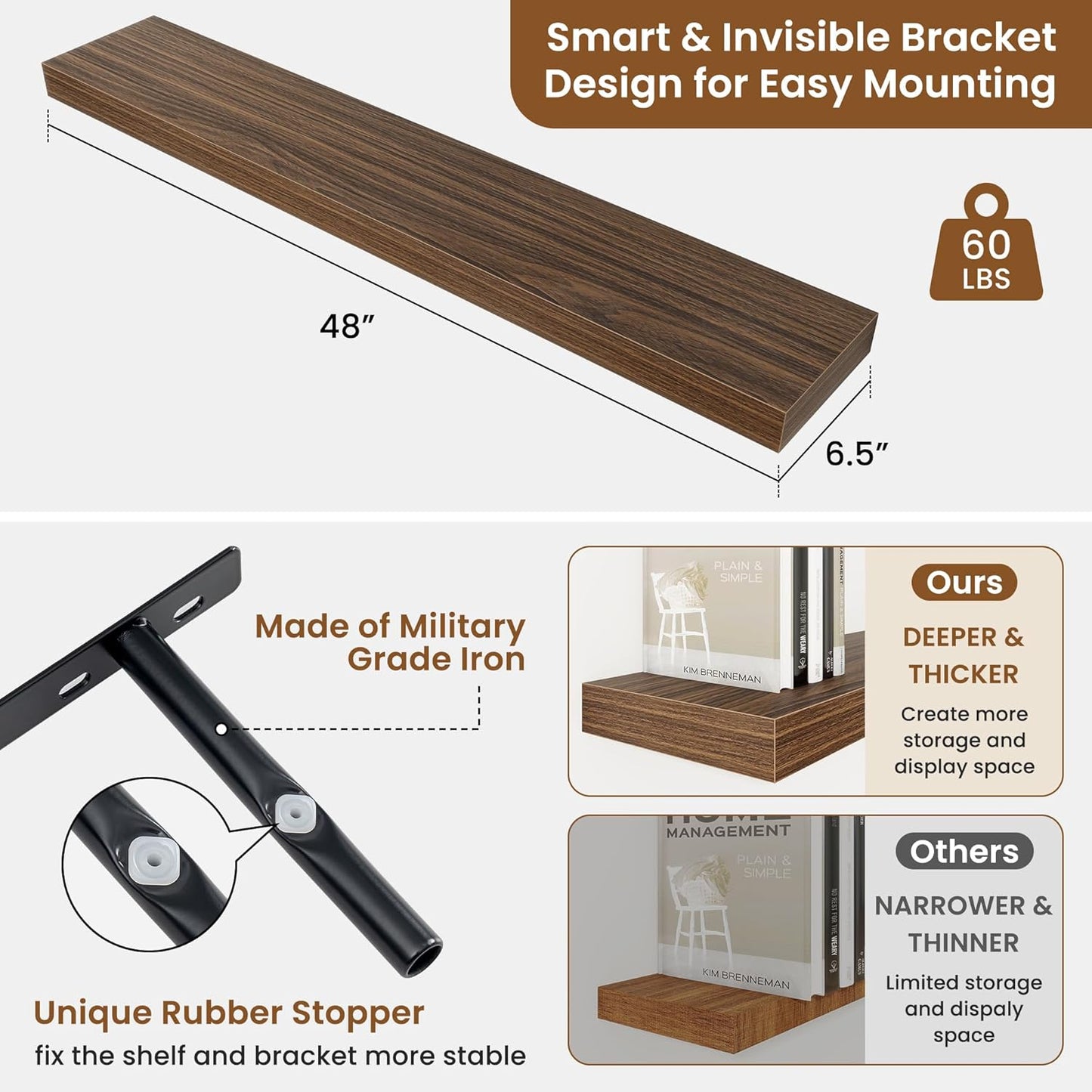 fuqing Floating Shelves for Wall, Bathroom Shelf Wall Mounted for Storage, Shelves with Invisible Bracket for Bedroom, Kitchen, Living Room, Farmhouse Small Book Shelf, 48 Inch Set of 2, Walnut