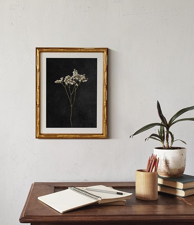 InSimSea Gold Bamboo Framed Canvas Wall Art, Retro Dark Dried Wildflower Botanical Paintings, Antique Vintage Picture Frame with Mat, Home Wall Decor for Living Room Bedroom Gallery, 11x14inch