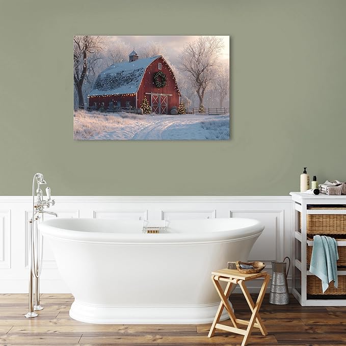 Nature Farmhouse Canvas Wall Art Red Barn Poster Christmas Tree Prints Picture Rustic Country Snow Pictures Wall Decor Winter Scenic Painting Artwork for Kitchen Dining Room Home Decorations 24x36"
