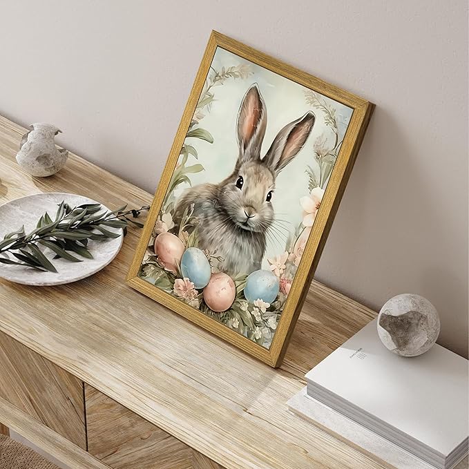Easter Bunny Wall Art, Vintage Rabbit Canvas Wall Decor, Easter Eggs Poster Print Picture, Spring Farmhouse Animal Painting for Living Room Bedroom Kitchen Holiday Home Decor 12x16 Inch Wood Framed