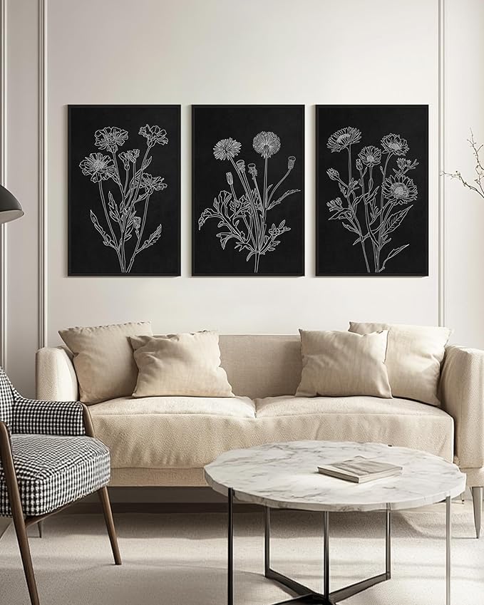 Drsoum Vintage Boho Botanical Flower Wall Art Framed Retro Floral Wall Prints Wildflower Neutral Rustic Bohemain Artwork Kitchen Bedroom Ready to Hang 24x36in Black Framed