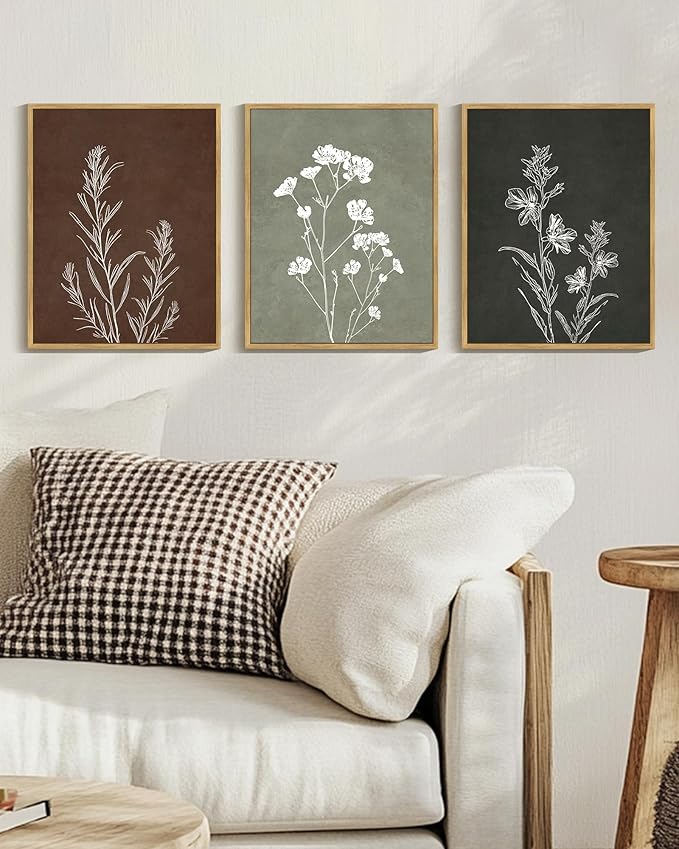 Drsoum Vintage Boho Flower Wall Art Framed Retro Botanical Floral Wall Prints Wildflower Neutral Rustic Bohemain Artwork Kitchen Bedroom Ready to Hang 11x14in Natural Framed