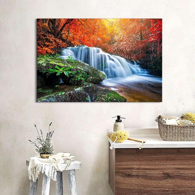 Nature Waterfall Wall Art Mountain Pictures Wall Decor Red Forest Trees Pictures Autumn Stream River Canvas Prints National Park Posters Natural Artwork for Bathroom Living Room Home Decoration 16x24"
