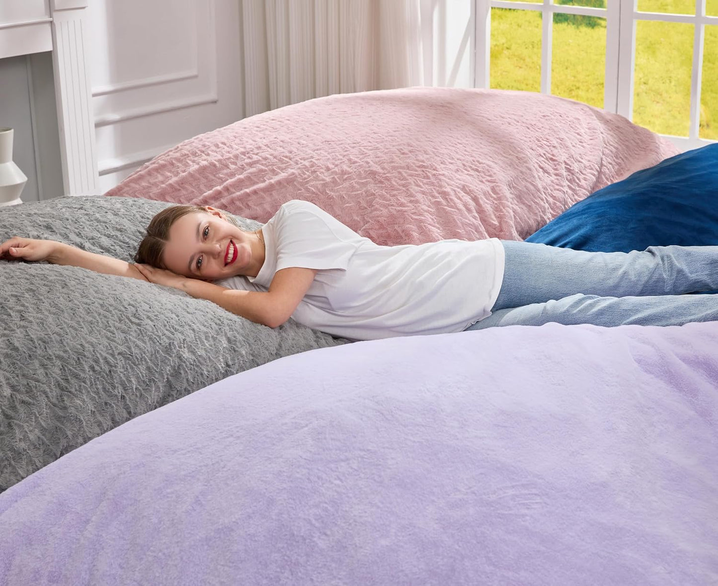 Hobestluk 3 in 1 Bean Bag Chair Giant Bean Bag Chairs for Adults with Chevron Plush Fur Cover Convertible Bean Bag Floor Cushion with Machine Washable Cover for Living Room (Chevron Plush Grey)