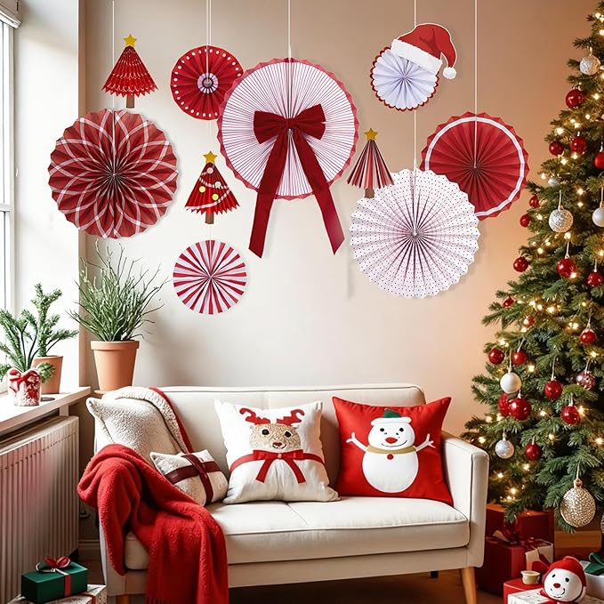 Christmas Paper Fan Decorations Christmas Decorations Classroom Red Hanging Paper Fans 10PCS with Santa Hat Gold Stars for Xmas Winter New Year Wall Ceiling Party Holiday