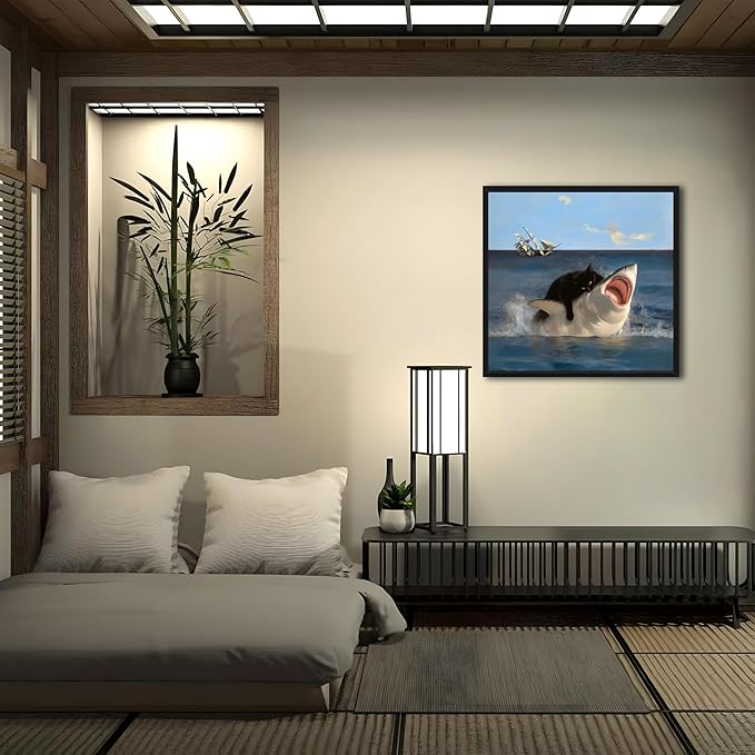 Floating Framed Black Cat Wall Art, Funny Quirky Cat and Shark Pictures Canvas Print, Abstract Black Cat Shark Posters Wall Decor for Room Bedroom Living Room Bathroom Aesthetic 20x20 inch