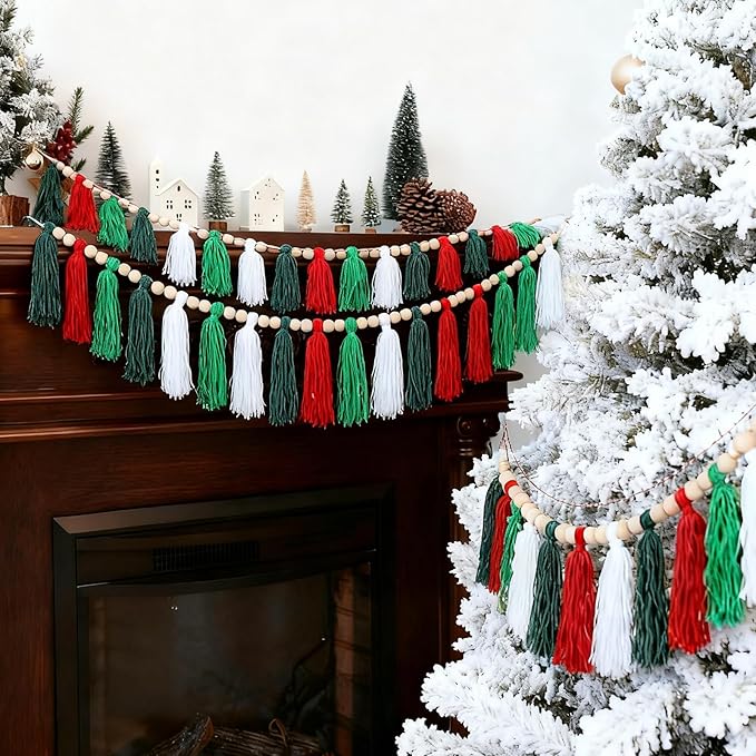 Zeyune 3 Pcs Christmas Tassel Garlands Red Green White Tassels Hanging Decor Xmas Rainbow Wall Hanging with Wood Beads for Christmas Party Supplies Bedroom Baby Shower