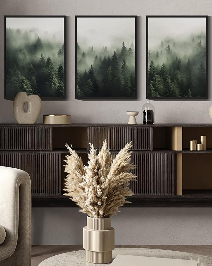 SHENIFY Green Fog Pine Tree Forest Canvas Wall Art 11x14in Framed Nature Modern Artwork Prints Decor - Black Framed