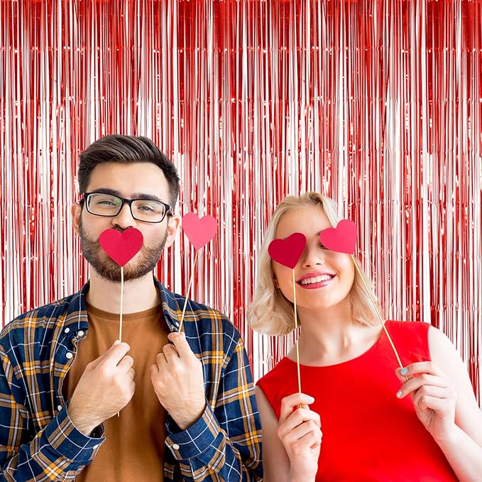 Red Party Streamers Decorations 3 Pack 3.2 x 8.2 ft Shiny Fringe Curtain for Birthday Party Decor, Red Streamers Backdrop, Valentines Day Decorations (Pure Red)