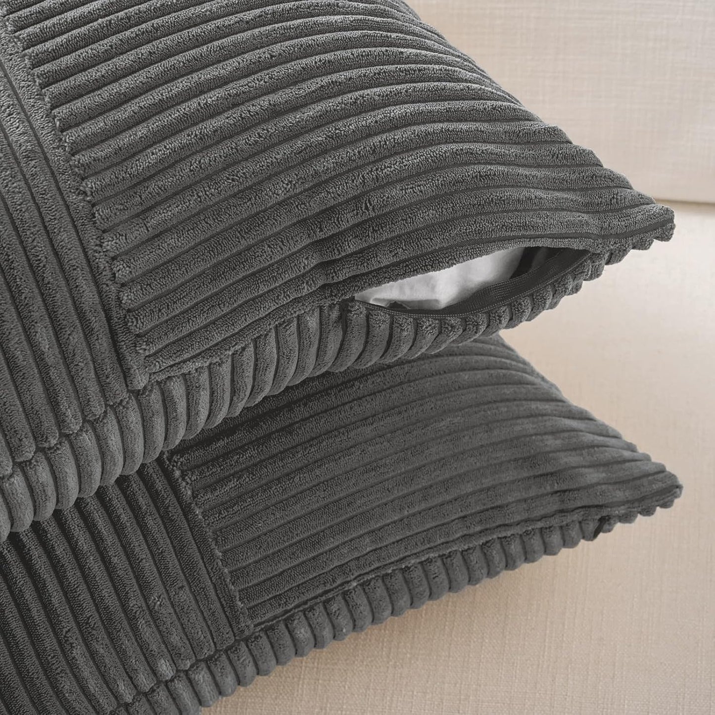 Fancy Homi 2 Packs Dark Gray Lumbar Decorative Throw Pillow Covers 14x24 Inch for Living Room Couch Bed Sofa, Farmhouse Home Decor, Soft Striped Corduroy Rectangle Accent Cushion Case 35x60 cm