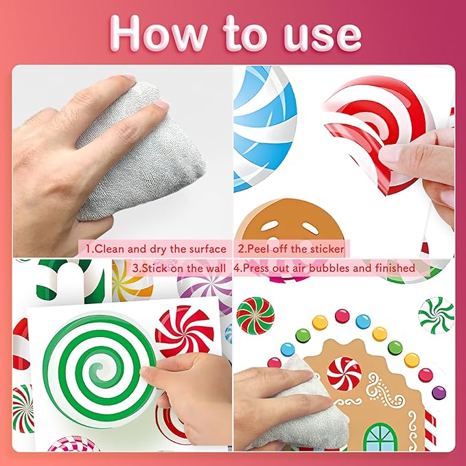 Christmas Candy Wall Decals, 8 Sheet Christmas Decorations Wall Stickers Peppermint Candy Cane Gingerbread Decals for Walls for Candyland Xmas Decoration