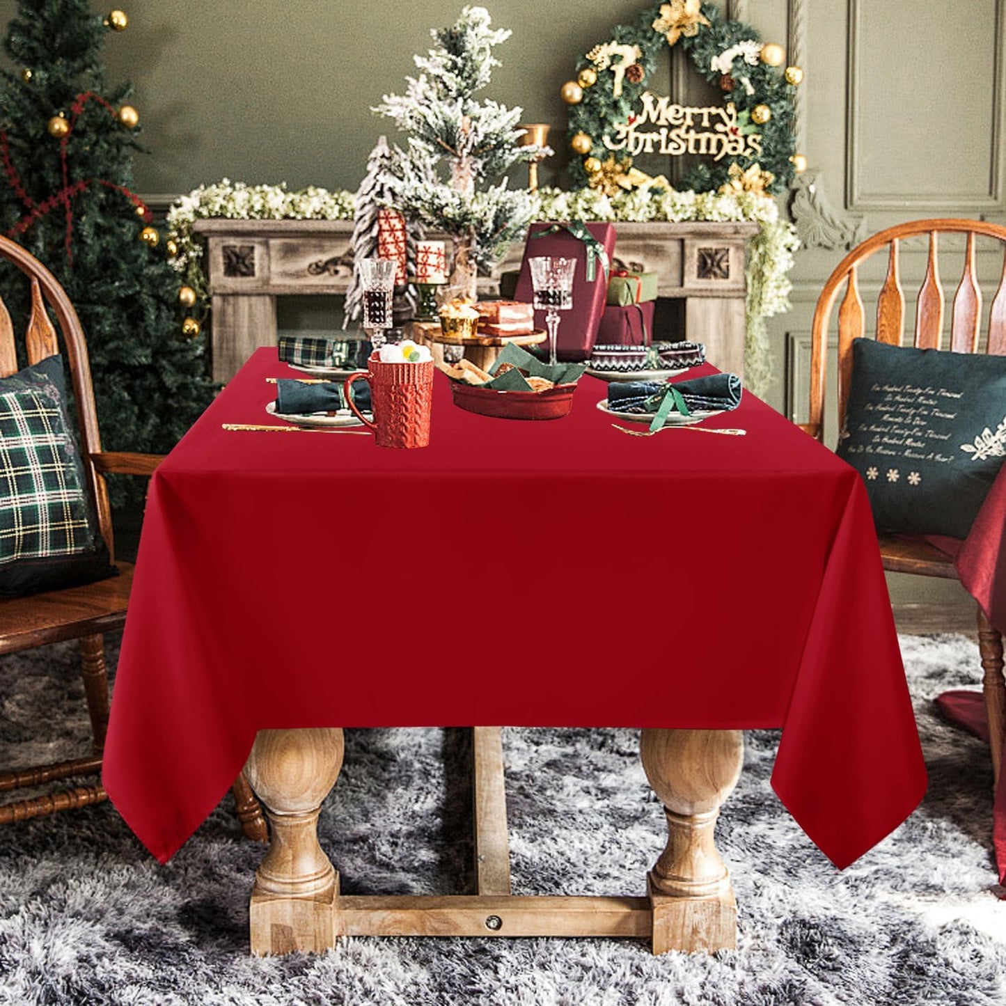 sancua Rectangle Tablecloth - 90 x 156 Inch - Water Resistant Spill Proof Washable Polyester Table Cloth, Decorative Fabric Table Cover for Dining Tables, Buffet Parties and Camping, Red