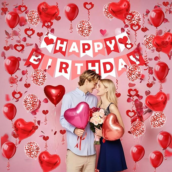 FECEDY Red Happy Birthday Banner Heart-Shaped Aluminum Foil Balloon Round Latex balloons Fake Petals Hanging Streamers for happy Birthday Party Decorations