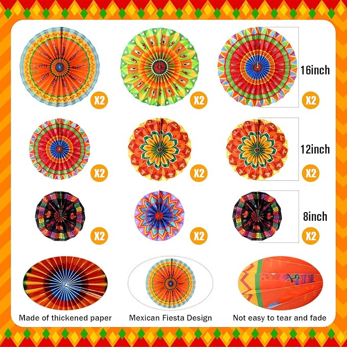 Outus 18 Pcs Mexican Fiesta Hanging Paper Fans Decorations Fiesta Party Supplies Cinco De Mayo Ceiling Wall Decor for Taco Tuesday Event Decor Luau Event Photo Props Carnival Supplies