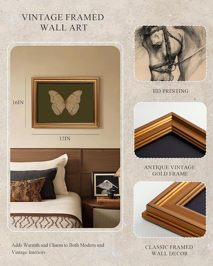 InSimSea Gold Framed Canvas Prints Wall Art, Vintage Butterfly Bathroom Decor, Classical Moody Paintings Farmhouse Wall Decor Aesthetic, Retro Pictures for Bedroom Living Room Shelf, 12x16inch