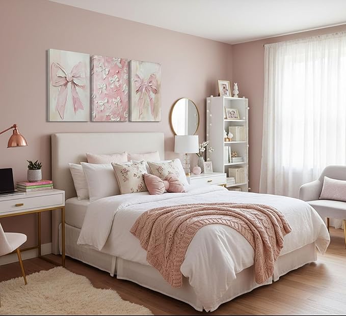 3Pcs Trendy Pink Bow Canvas Wall Art Vintage Cute Preppy Watercolor Bow Painting Pictures Wall Decor Posters Prints Girly Aesthetic for College Apartment Bedroom Decoration