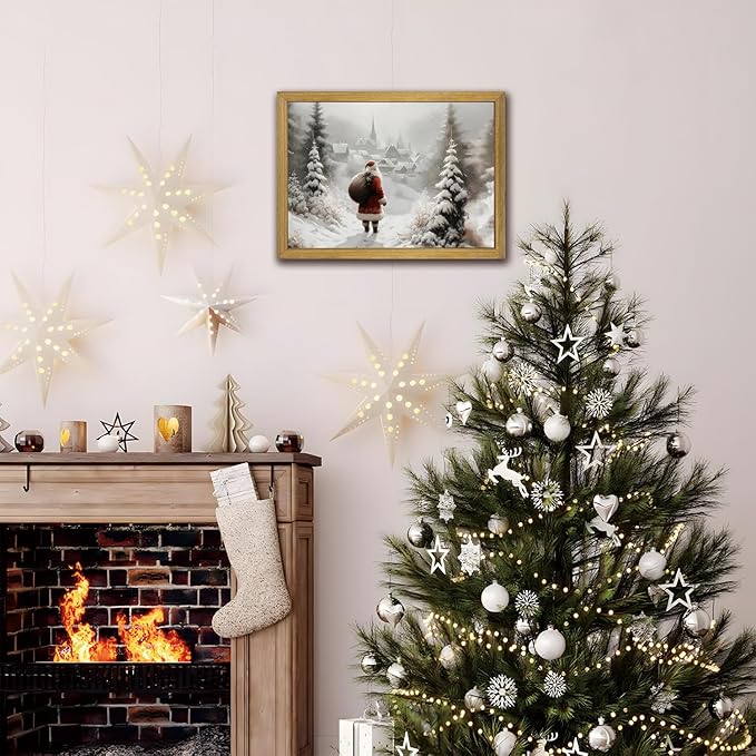 Vintage Christmas Canvas Wall Art, Wood Framed Santa Claus Wall Decor Painting, Rustic Farmhouse Winter Snow Scene Poster Print Picture 12x16 inch, Best Holiday Decor for Living Room Bedroom Home