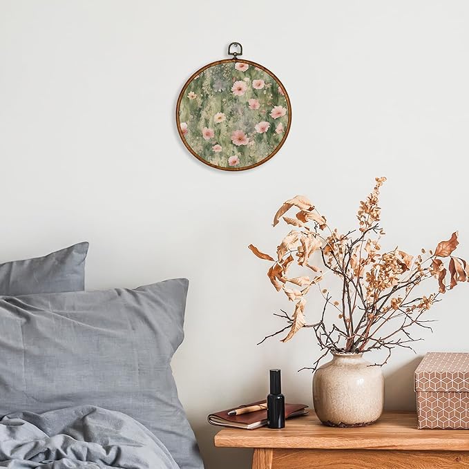 KSDUT Spring Pink Flower Wall Decor Art - Floral Botanical Wall Art Canvas Frame Hanging Prints, Preppy Trendy Wildflower Round Wall Art Decor for Farmhouse Gallery Home Decorations 10"x10"