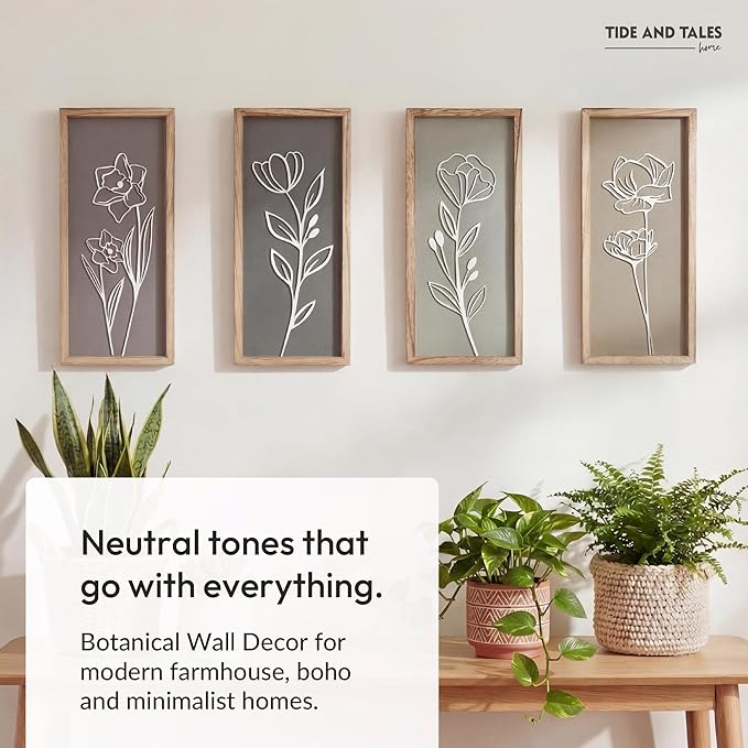 3D Wooden Floral Bathroom Wall Decor (Set of 4) Lightweight, Ready-to-Hang Framed Wall Art For Living Room, Bedroom, or Office - Premium Boho Botanical Farmhouse Decorations - Gift-Boxed