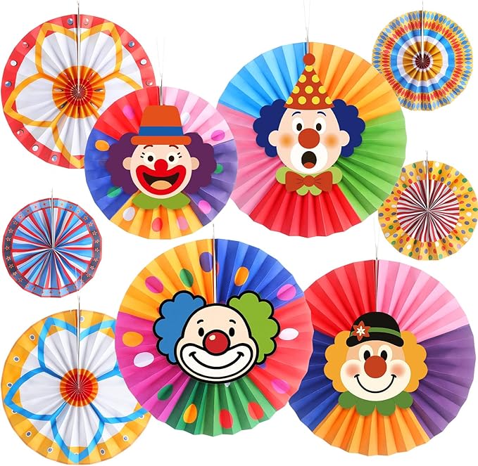 Outus 13 Pcs Carnival Party Decoration Set Hanging Circus Theme Party Ceiling Classroom Decorations with Clown Face Cutouts Carnival Circus Hanging Paper Fans Decor Birthday Favor Supply