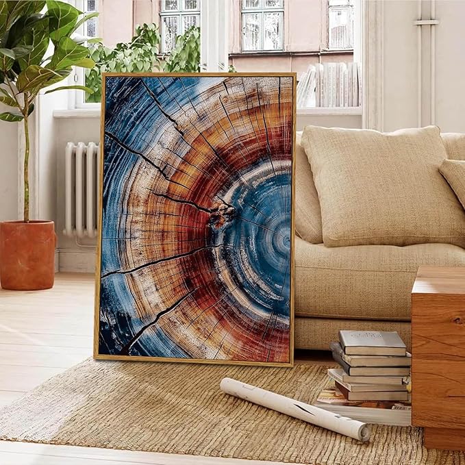 BingruiArt Large Framed Tree Ring Wall Art Blue and Red Boho Wall Decor Nature Print Wood Canvas Rustic Artwork Abstract Painting Modern Picture for Living Room Bedroom Bathroom 24"x36" Natural Framed(01)