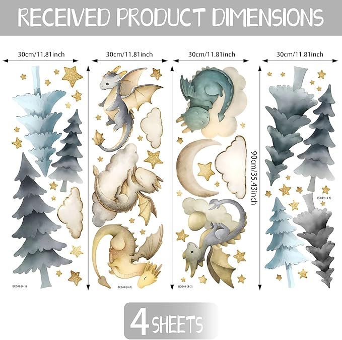Dragon Wall Stickers,Peel and Stick Colorful Flying Dragon,White Clouds, Stars.Tree Self-Adhesive Mural，Removable Wall Sticker for Living Room Baby Nursery Kids Room Wall Decor (Large Dragon Decal)