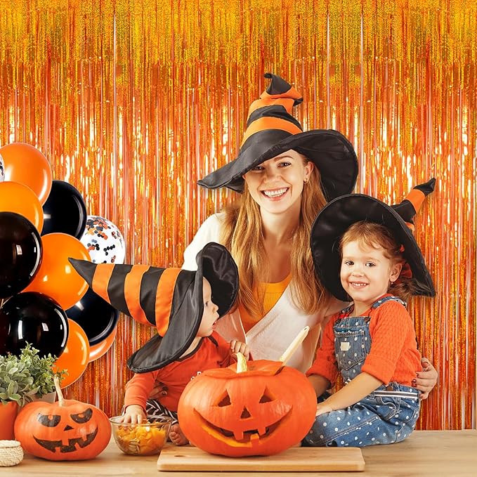 Upgraded Thicker Melsan Tinsel Fringe Curtain, 3 Pack 3.2 x 8.2 ft Orange Metallic Streamers with Extra Tape, for Basketball Party Decorations Thanksgiving Birthday Baby Shower Graduation Party Decor